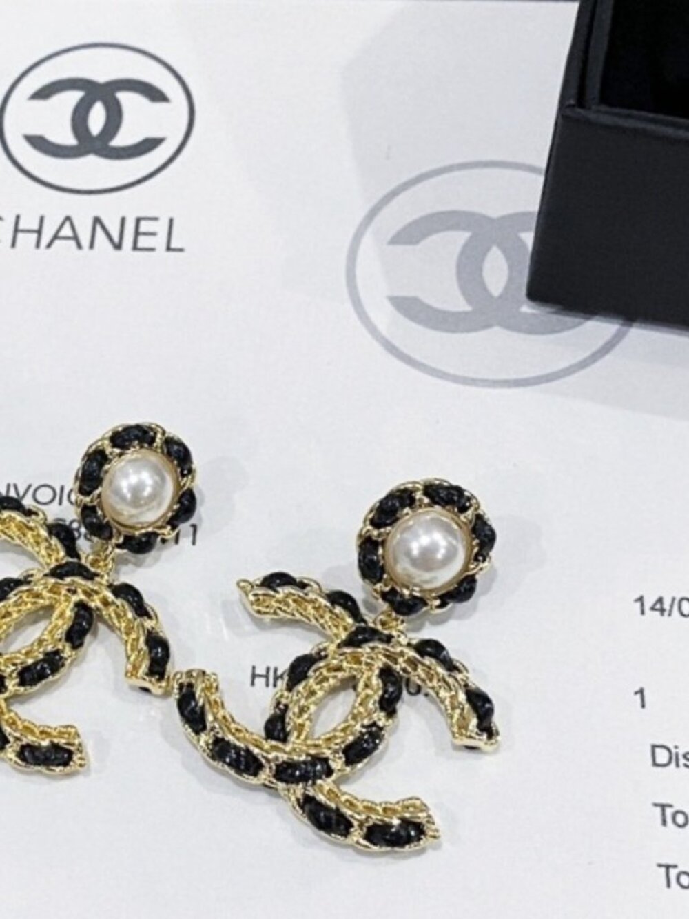 Authentic Chanel Black Gold Braided Leather Large CC Drop Dangle Earrings - Picture 2 of 4